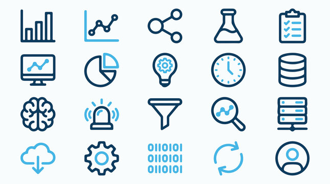 Data Analytics and Science Technology Line Icon Set