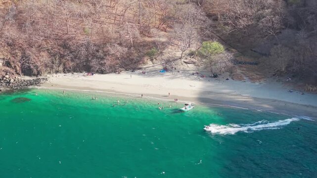 Aerial view of boat sailing at Playa Calzon de Pobre, Guanacaste Province, Costa Rica