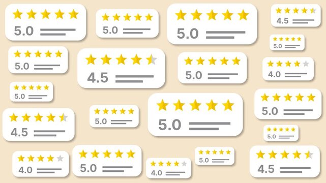 Floating customer rating cards animation with 5.0, 4.5 and 4.0 star scores, golden stars and gray text lines on beige background, clean flat motion design for reviews and service quality