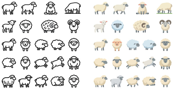 Collection of diverse sheep icons and illustrations, showcasing various styles from pixel art to flat design, representing different breeds and poses.