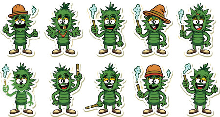 Fototapeta premium Funny cannabis bud cartoon character sticker set with green weed monster smoking joint collection in retro comic book style isolated on white background