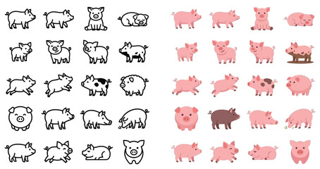 Collection of cute cartoon pig icons in various poses and styles, both outlined and colored. © Farina