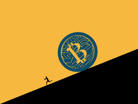businessman fled from Bitcoin coins that rolled down a hill.