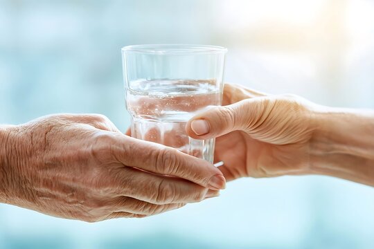 Elderly hand passing a glass of water to another persons hand.