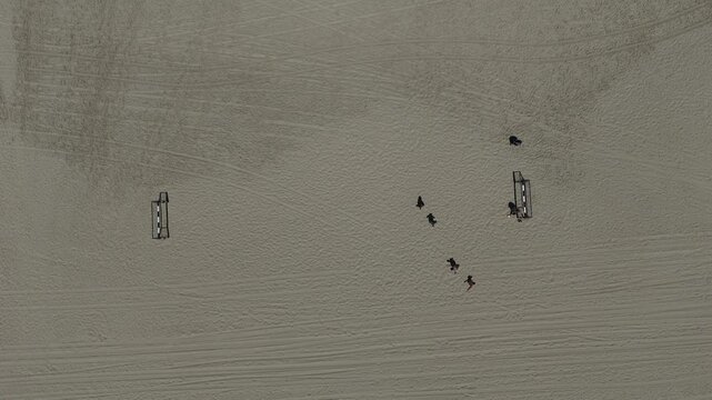 4K Slow Motion Top Down Drone Over Beach Soccer Game on Sandy Shore, HaKeshet Beach Ashdod Israel, Coastal Sports Scene