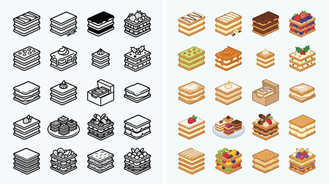Collection of Isometric Cakes and Desserts, Both Black and White and Color Variations.