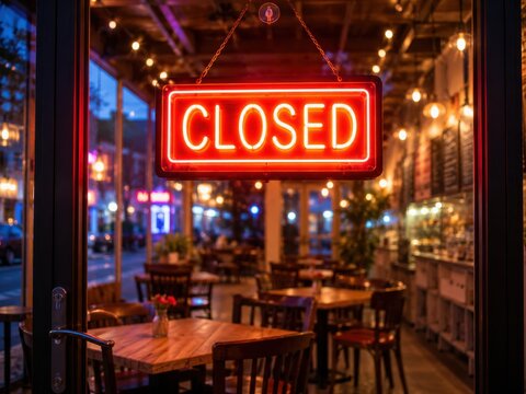 Neon red closed sign hanging in empty restaurant window at evening time with bokeh lights.