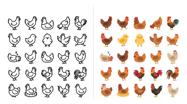 Collection of cartoon chickens and chicks in various poses and styles, both outlined and colored.
