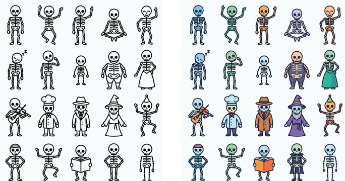 Collection of cartoon skeleton characters in various poses and costumes, showing different activities and emotions.
