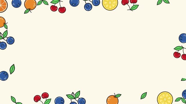 Seamless Frame CuteFruit Pattern Animated Background with Citrus, Blueberries and Cherries Colorful Cute Cartoon Fruit Pattern Motion Background Pattern Background Loop Animation for Summer Design