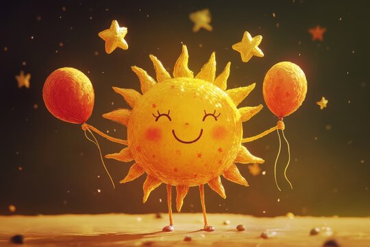 Smiling sun with balloons and stars in whimsical animation