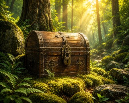 Rustic wooden treasure chest sitting on mossy forest floor with morning sun rays lighting.