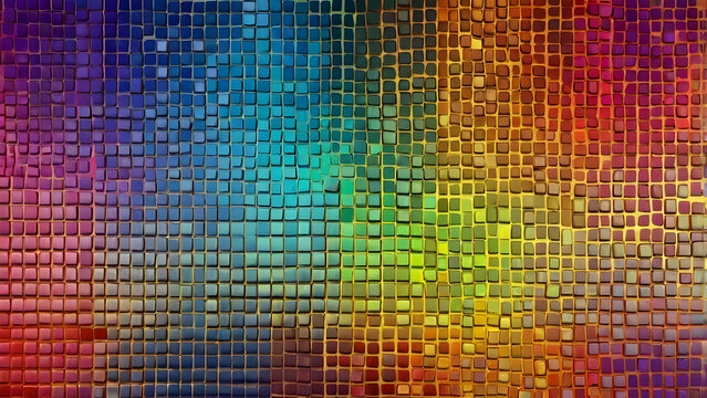 Colorful mosaic tile pattern small squares arranged in gradient rainbow style modern digital
