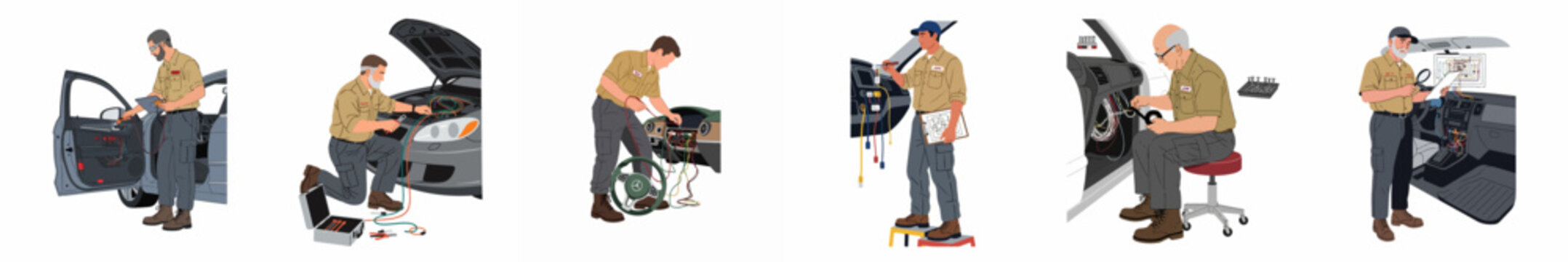 Set of diverse professional auto mechanics and electricians repairing car electrical systems, dashboards, and engines, isolated on a white background.