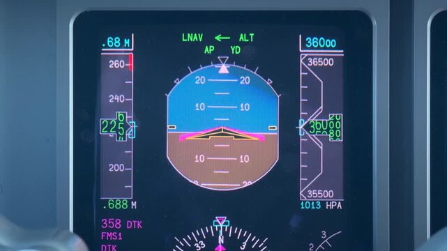 Close up of Primary Flight Display in cockpit during flight. Real time