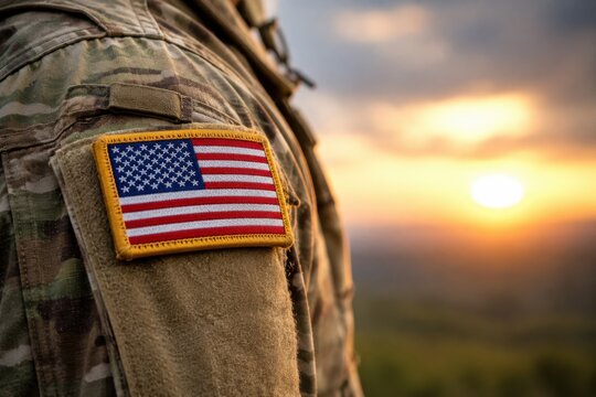 Soldier with american flag patch on uniform at sunset.