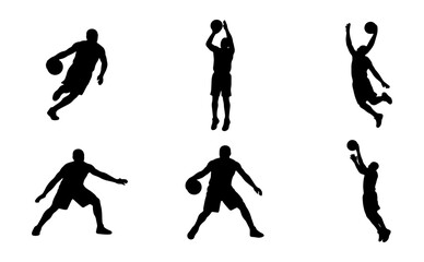Basketball player silhouettes set, professional athlete action poses vector, 6 male basketball figures jumping and dribbling for sports design © Md