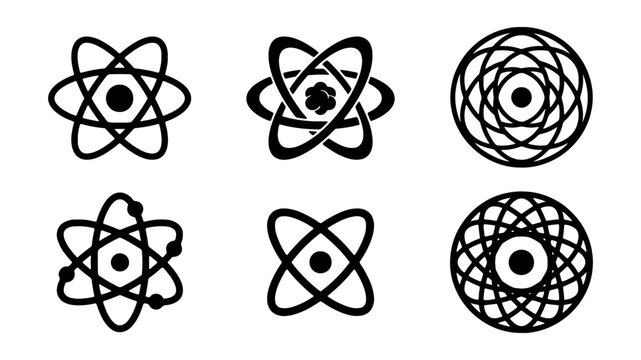 Atomic structure icons set, black science atom symbols on white background, 6 vector physics and chemistry orbital signs for education and research