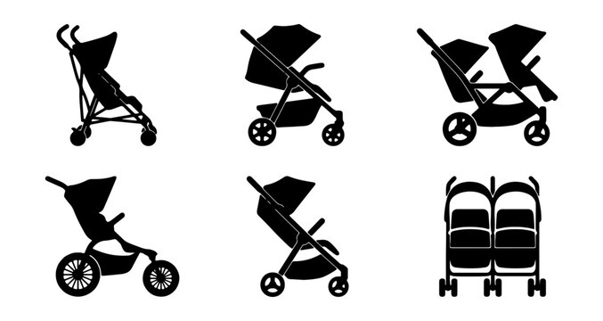 Baby stroller silhouette set, 6 black baby carriage icons in vector format, infant pram and double stroller collection for parenting design