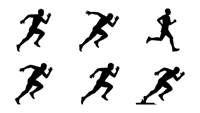 Running man silhouette set, 6 male sprinter athlete icons in motion, black vector figures of professional runners for sports and fitness design