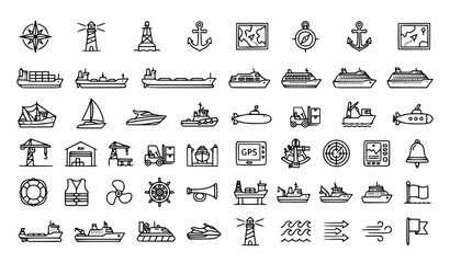 Black Outline Water Transport and Maritime Navigation Icon Set Featuring 40 Shipping and Marine Logistics Symbols Vector Collection Isolated on White Background © Emdadul