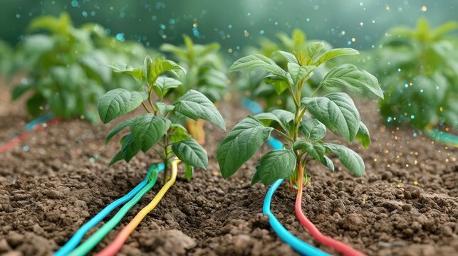 Innovative Agriculture Concept with Electric Cables and Growing Green Plants in Soil