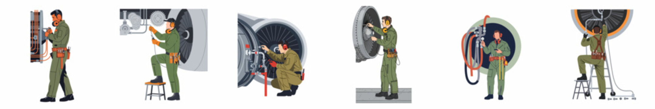 Collection of Aircraft Technicians and Mechanics Working on Jet Engines and Aviation Components in a Hangar Setting.