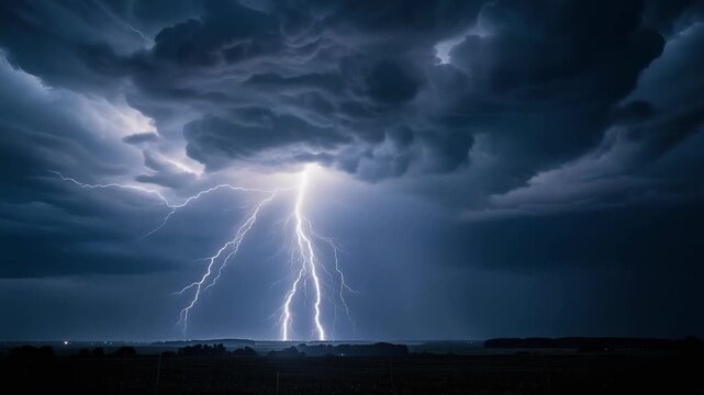 Powerful lightning storm with dramatic dark clouds over landscape at night