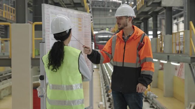 Man and woman collaborate reviewing Electric Train blueprint amidst industrial machinery in workshop hallway, wearing hard hats and work attire for rail system engineering design.