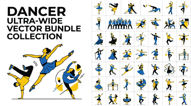Dancer ultra-wide vector bundle collection, professional dance performers in blue and yellow, ballet and hip hop character set for studio branding