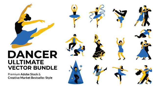 Dancer ultimate vector bundle, professional dancing silhouettes in blue and yellow, modern ballet and ballroom dance icons set