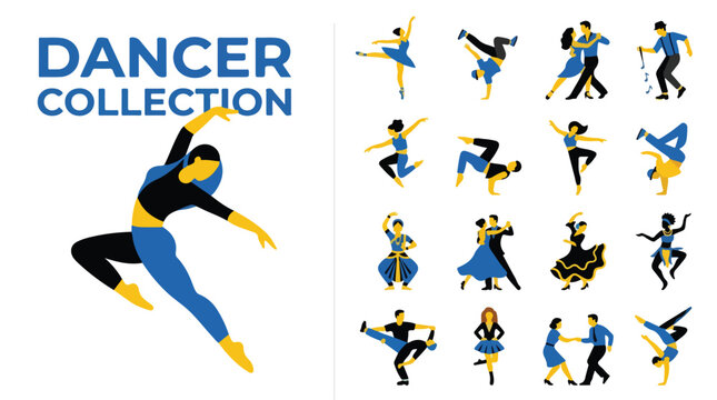 Dancer collection vector set, modern dance character icons in blue and yellow, professional dancers performing ballet and hip hop styles