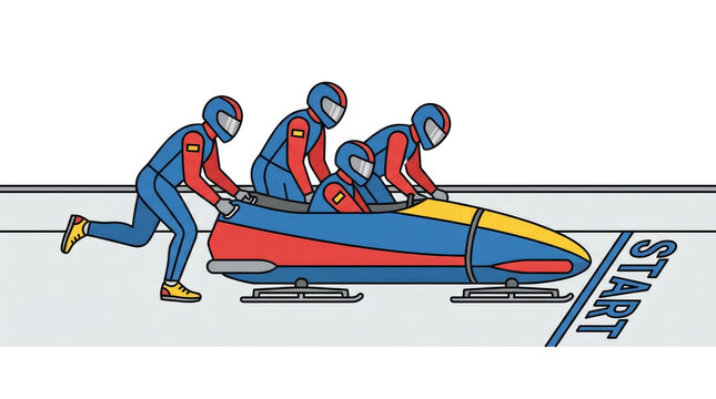Professional Four-Person Bobsleigh Team at the Start Line Vector Illustration