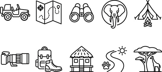 African safari tourism and wild nature adventure line icon set featuring offroad car, map, camping, wildlife animals, camera and outdoor gear. © Ruksana Studio
