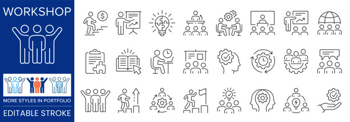 Fototapeta na wymiar Skill development icon set. Representing workshop, training, learning, teamwork, productivity and professional growth.