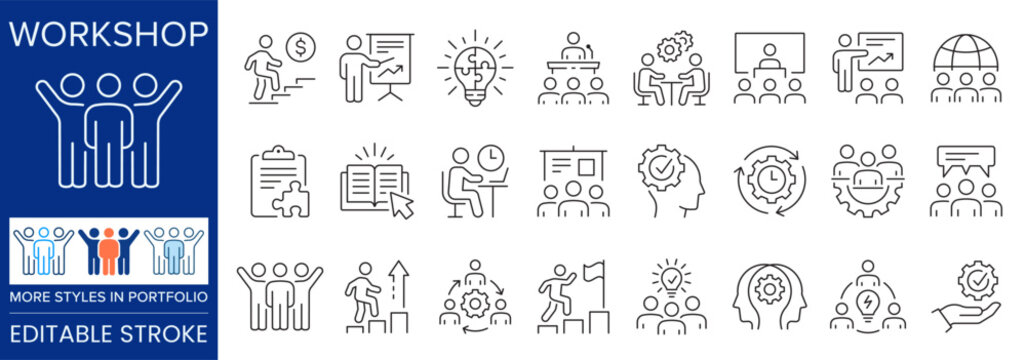 Skill development icon set. Representing workshop, training, learning, teamwork, productivity and professional growth.