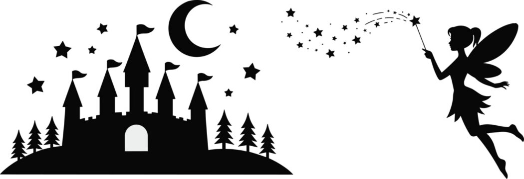 Magic fairy flying with wand near castle silhouette under starry night sky crescent moon vector stencil illustration