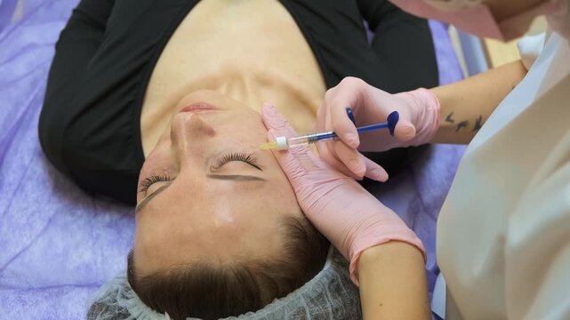 Mesotherapy facial injections in aesthetic clinic environment. Specialist performing targeted skin treatment on periocular area using fine needle technique. Professional skincare procedure improving