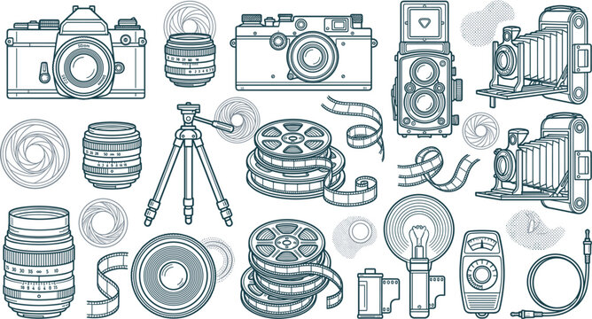 Vintage camera equipment vector set with classic retro photo cameras lenses film reels tripod and old photography gear outline isolated on white background