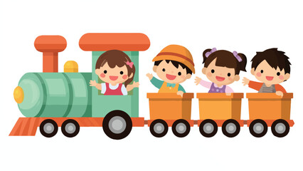 Obraz premium Children Riding Colorful Toy Train Illustration.