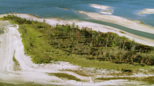 Aerial view of a beach near twin dikes park on Sam Rayburn Reservoir, Texas