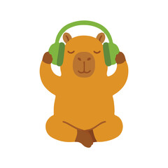 Obraz premium Cute capybara character listening to music with green headphones vector illustration. Adorable animal meditating and enjoying audio sound flat vector element isolated on white background