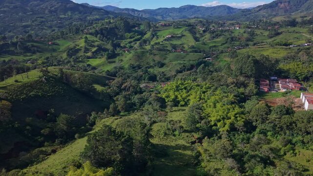 Lush green hills and rural landscape near Jerico, Colombia, seen from aerial view
