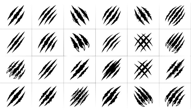Bear and Tiger Claw Mark Vector Set with Torn Paper Scratch Silhouette Collection