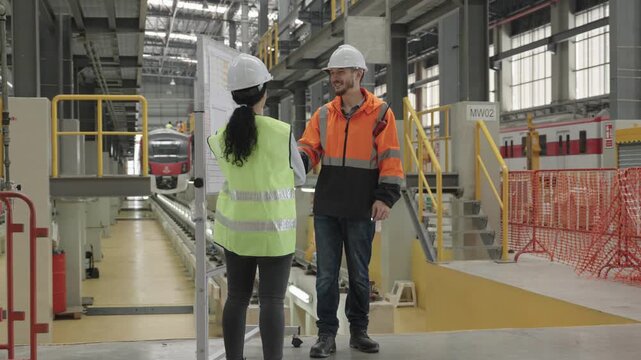 Professional team discusses electric train maintenance plans within modern industrial facility featuring machinery and equipment while wearing helmets and high-visibility vests.