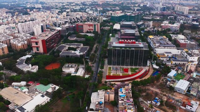 Tech Mahindra Limited with sattva endeavor, apartments and Power distribution house at electronic city, Bangalore, karnataka, india. day time, push back shot, drone shot, 4k.