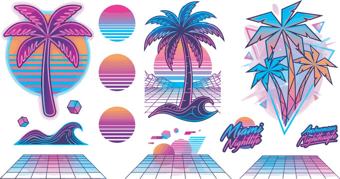 Retro synthwave vector set with neon palm trees miami vibe sun gradients ocean waves and wireframe grid elements isolated on white background