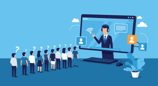 People queuing in front of a computer screen for an online webinar or virtual classroom session with a professional instructor teaching.
