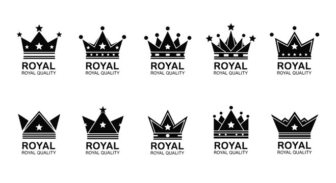 Set of royal quality crown logo designs in black silhouette with stars and geometric shapes for premium brand identity and heraldry.