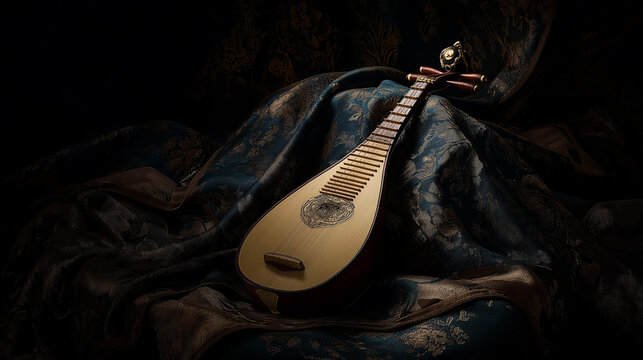 pipa. Exquisite pipa lute resting on embroidered silk fabric with curved headstock. event programs, museum guides, designed for cultural heritage projects and event programs, preserves heritage.